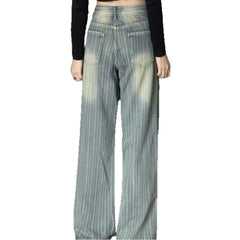 High Waist Striped Blue Loose Wide Leg Jeans Women Draped Pants