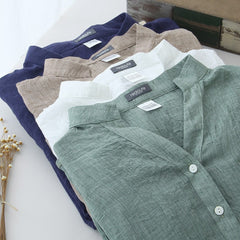 Sun Protection Japanese Fresh Loose Cotton And Linen Stand Collar Shirt
