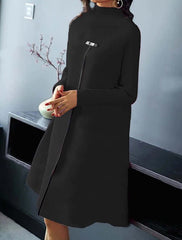 Elegant Solid Color Long Sleeve Turtleneck Slimming Large Hem Dress