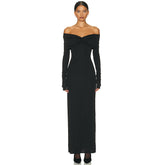 European And American Solid Color French Style Off-shoulder Tube Top Long Sleeve Dress Women