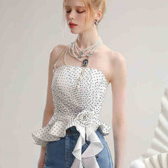 Summer Contrast Color Polka Dot Irregular Spaghetti-strap Top