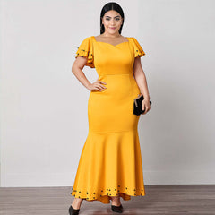 V-neck Short Sleeve Stitching High Waist Plus Size Ruffle Dress Women