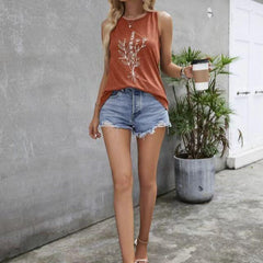 Women's Round Neck Simple Plant Print Versatile Fashion Vacation Style Vest Top