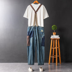 Men's And Women's Contrast Color Overalls Suspender Pants
