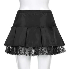 Dark Casual Lace Stitching Pleated Skirt