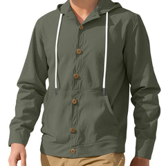 Men's Button-Down Loose Linen Casual Simple Beach Hooded Long Sleeve Jacket