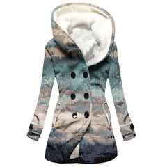 Women's Windbreaker Winter Thickened Imitation Lamb Stitching Floral Hooded in textured blue and beige design.