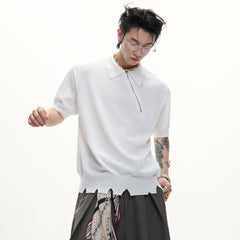 Ice-feeling Slim-fit Knitted Polo Shirt Oblique Zipper