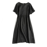 Cotton And Linen Lace-up Short-sleeved Dress With Round Neck