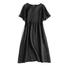 Cotton And Linen Lace-up Short-sleeved Dress With Round Neck