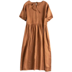 Cotton And Linen Lace-up Short-sleeved Dress With Round Neck