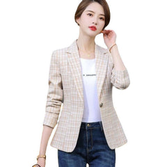 Korean Style British Casual Plaid Short Suit featuring a light plaid blazer for women, styled with jeans.