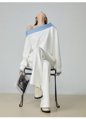 Two Piece Set Of Blue And White Striped Collared Sloping Shoulder Hoodie And Wide Leg Pants