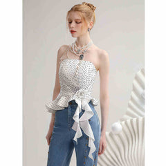 Summer Contrast Color Polka Dot Irregular Spaghetti-strap Top