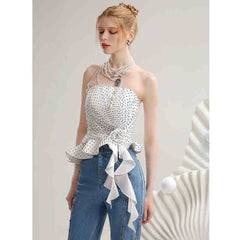 Summer Contrast Color Polka Dot Irregular Spaghetti-strap Top