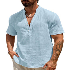 Men's Cotton And Linen Double-layer Solid Color Cuban Collar Short Sleeve Shirt