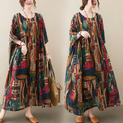 Women's New Style Large Size Loose Cotton And Linen Print Dress