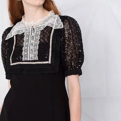 Mesh Lace Rhinestone Slim Puff Sleeve Dress