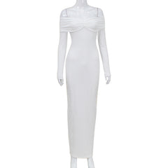 European And American Solid Color French Style Off-shoulder Tube Top Long Sleeve Dress Women