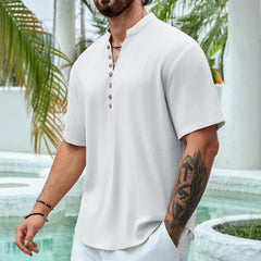 Summer Deep V-neck Multi-button Cotton And Linen Casual Shirt Men's Short Sleeve