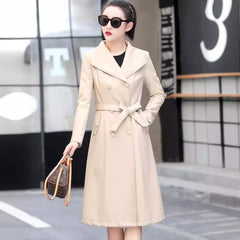 Leather Coat Women's Windbreaker Women's Thin Casual in stylish beige with belt and sunglasses