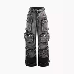 American Street Trendy Mixed Color Distressed Multi-pocket Workwear Jeans