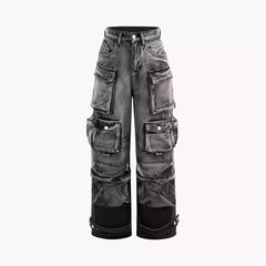 American Street Trendy Mixed Color Distressed Multi-pocket Workwear Jeans