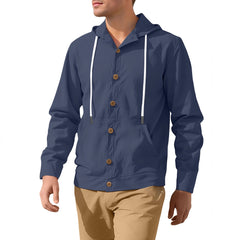 Men's Button-Down Loose Linen Casual Simple Beach Hooded Long Sleeve Jacket