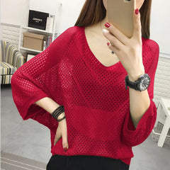 Hollow-out Short-sleeved Loose Knitted Shirt V-neck