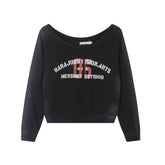 Retro Shoulder Drawstring Letter Printed Crew Neck Sweatshirt Women's Top