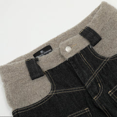 High Street Design Washed Straight Wide Leg Plush Stitching Multi-pocket Jeans