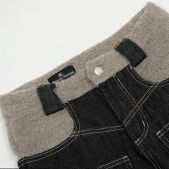 High Street Design Washed Straight Wide Leg Plush Stitching Multi-pocket Jeans