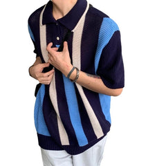 Hollow-out Vertical Stripes Color Matching Knitted Polo Shirt