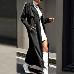 Mid-length High-grade Large Lapel Temperament Commute Lace-up Waist-controlled Black Coat worn by model on the street.