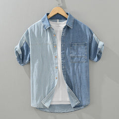 Design Sense Color Contrast Patchwork Striped Denim Short Sleeve Shirt