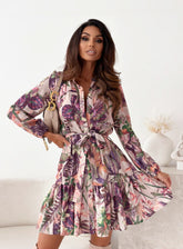 V-neck Printed Long Sleeve Tied Lotus Leaf Patchwork Shirt Dress