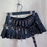 Rivet Skull Cross Punk Niche Street PU Leather Metal Pleated Skirt