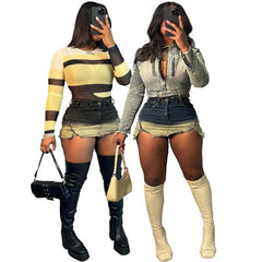 European And American Women's Clothing Vintage Zipper Elastic Denim Skirt