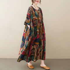 Women's New Style Large Size Loose Cotton And Linen Print Dress