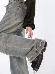 American High Waist Straight Wash Made Old Jeans Women