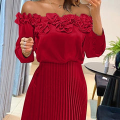 Three-dimensional Pleated Off-shoulder Pleated Dress