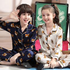 Long sleeve ice silk bear pajamas set for boys and girls