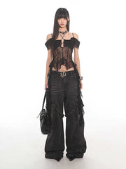 Women's Lace Off-shoulder Ribbon Vest Top