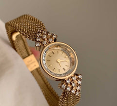 Woven Strap Retro Court Style Retro Gold, Round Small Watch For Women