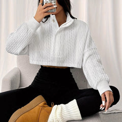 Women's Solid Color Stand Up Collar Front Button Long Sleeved Textured Short Hoodie