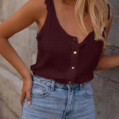 Solid Color Knitted Round Neck Ruffled Sweet Sleeveless Top