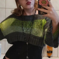 Stripe Color Blocking Hollow Perspective Wool Short Blouse Loose