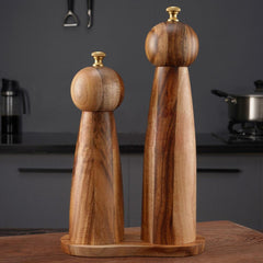 Wood and ceramic spice grinder – acacia round head salt pepper mill front view