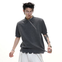 Ice-feeling Slim-fit Knitted Polo Shirt Oblique Zipper