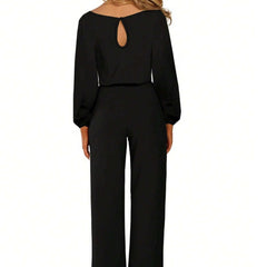 Women's Solid Color Long Sleeved Slim Fitting Jumpsuit With Strap Design